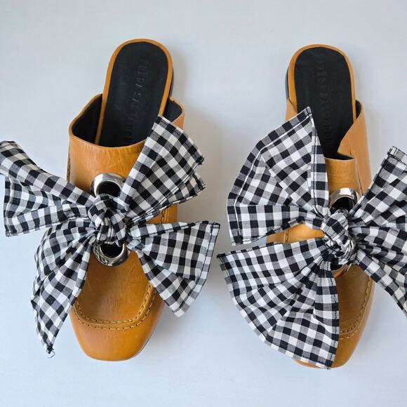 Freda Salvador NEW Ono Gingham Bow Tie Grommet Yellow Leather Mule Flats Size 7 - Picture 3 of 16